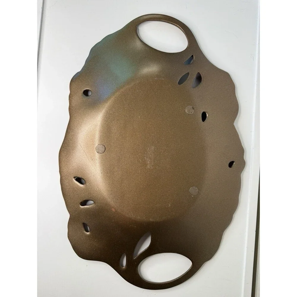 Decorative Ginkgo Leaf Serving Tray Bronze Copper Tone Metal Cutout Handles 16”